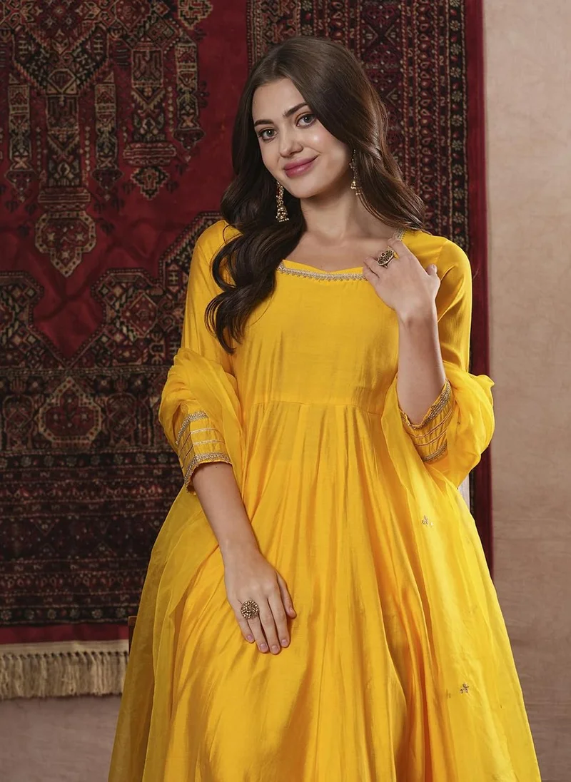 GoSriKi  GoSriKi Women's Rayon Blend Anarkali Solid Kurta with Pant & Dupatta (SITAPATI YELLOW-VKS01-GS_L_Yellow_Large) for Women | Best Price UAE